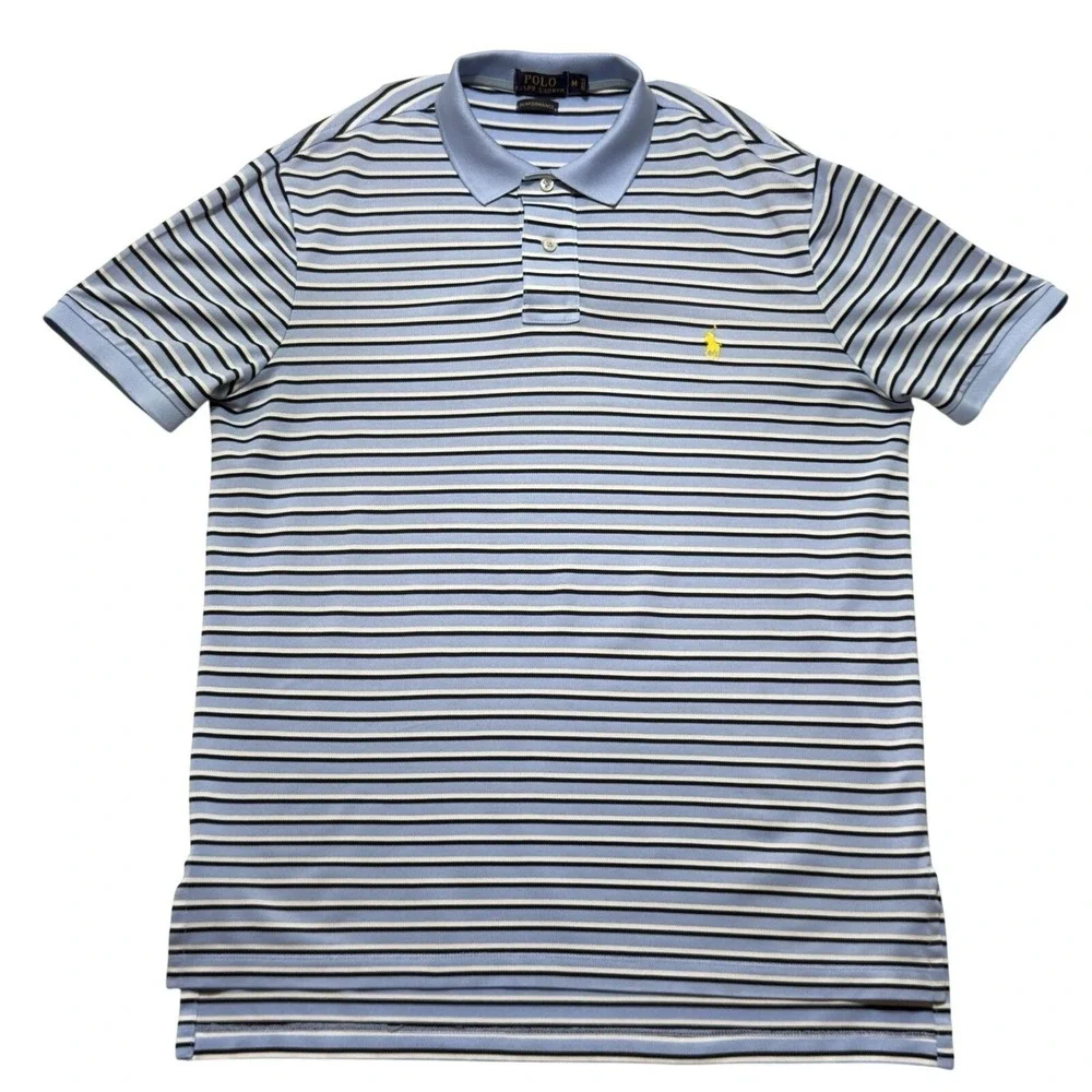 Polo Ralph Lauren Blue & Black Striped Performance Polo Shirt Size M ~ Excellent